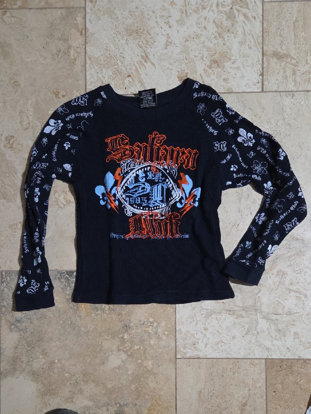 Sahara Club Size 7/8 Waffle Weave Long Sleeve Embroidered Top